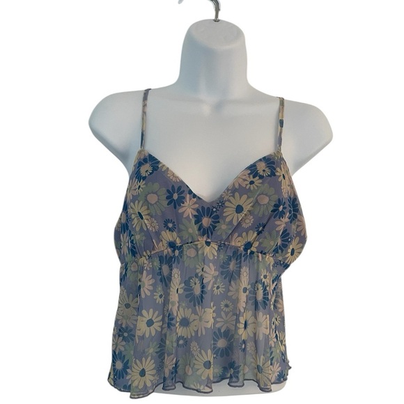 RSQ Womens Daisy Mesh size Large 
Cami  BLUE floral cropped sleeveless sheer top - Picture 7 of 7